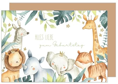 Edition Seidel Premium Geburtstagskarte mit Umschlag. Glückwunschkarte Karte Billet Geburtstag Alles Liebe Kind Mädchen Junge Tiere Giraffe Löwe Elefant Nasshorn Zebra Natur (G3516 SW024)