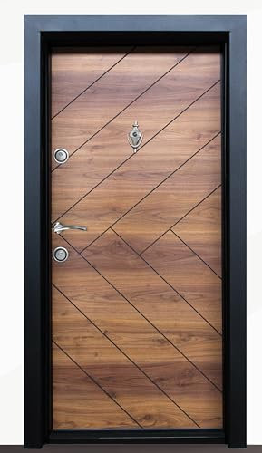 Portone Blindato Laminato per Ingresso Color Rovere con Dettagli Neri con Spioncino 2 Serrature Indipendenti Porta 90x200 PL54 (Interna sinistra)