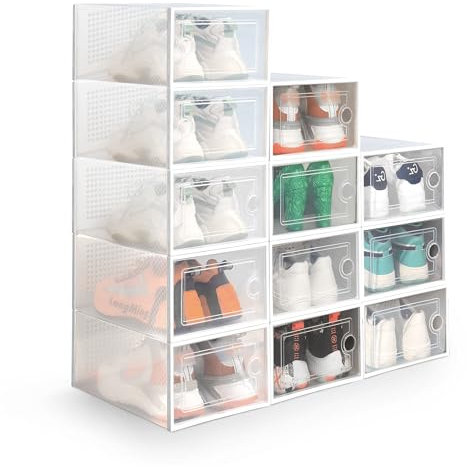 KEPLIN Stackable Shoe Storage Boxes - Premium Quality, Durable & Space-Saving Organiser Set for Closet, Wardrobe & Home - Pack of 12 in White (33x23x14.5cm) (White, 12 Pack)