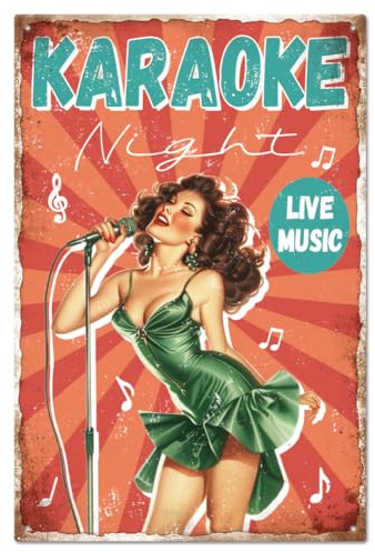 GLOBLELAND Karaoke Tin Sign Metal Pin Up Women Tin Sign Music Metal Tin Sign Vintage Wall Decor Tin Painting Tin Signs 12×8inch for Home Garden Bar Coffee Shop Club Decoration
