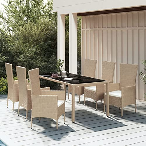 Blukee 7-TLG. Garten Essgruppe mit Kissen Beige Poly Rattan Garten Sitzgruppe Polyrattan Gartenmöbel Set Terassenmöbel Außen Set Rattan Gartenmöbel Garden Furniture Sets