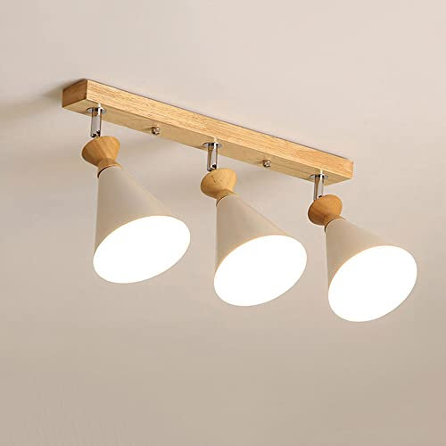 Jadssox Deckenleuchten aus Holz, 3-Licht-Kronleuchter mit Lampenschirm aus weißem Metall, E27-Fassung, nordische Holzdecken-Hängelampen für Kücheninsel, Esszimmer, Flur, Schlafzimmer