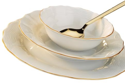 Vaisselle en porcelaine Porland ondulée - Service de table 18 pièces blanc et doré - Vaisselle complète et élégante pour 6 personnes
