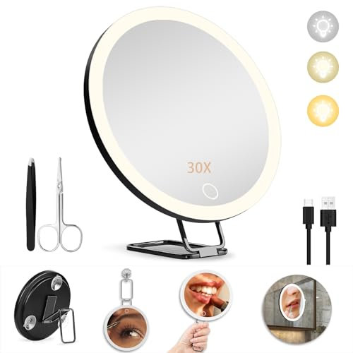 JJhxr 30X Magnifying Mirror with Light,6 Large Makeup Magnifying Mirror,3 colors Dimmable Makeup Mirror with 360° Table Stand,Portable, with 3 Suction Cups(Black)