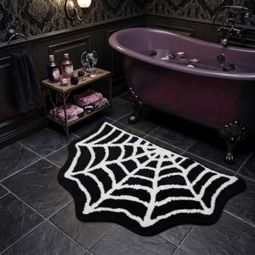 Casasphere Spider Web Bathroom Rugs, Halloween Bath Mat Non-Slip Bath Rug Machine Washable Goth Rug, 31×20 Small Area Rugs for Front Door Bedroom Kitchen（Black）