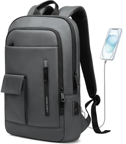 HEROIC KNIGHT Rucksack Schlank Laptop Rucksack Herren 15,6 zoll Wasserdicht Laptoptasche leichte Business Rucksack mit USB-Anschluss Klein Arbeitsrucksack Damen für Uni Geschäft Reise Grau