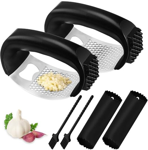 Knoblauchpresse Wippe 2 Stück EACHPT Knoblauchhacker Edelstahl Mit Silikon Knoblauchschäler und Reinigungsbürste, Garlic Press Einfache Handhabung und Reinigung, Spülmaschinenfest