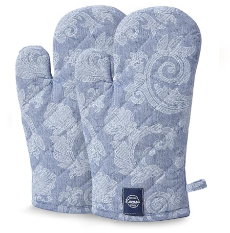 Encasa XO Ofenhandschuhe Hitzebeständig | Mikrowellenkoch-Mitten Für Backen & Küchengebrauch | 18x30 cm | Baumwollutensilienhalter - Chambray-Stoff (Packung Mit 2, Blau)