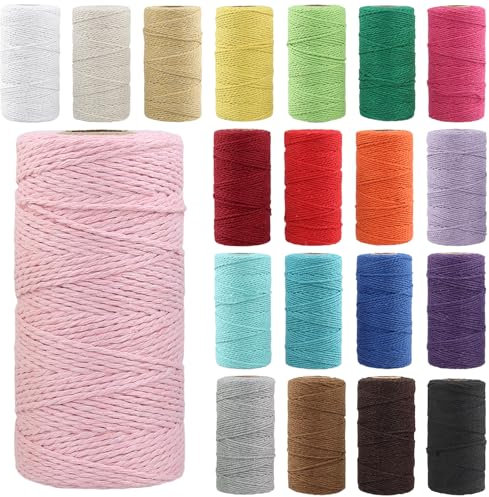 SINJEUN 20 Stück Makramee Garn 2 mm x 100 m, 20 Farben Baumwollseil Baumwollgarn Bunt, Makramee Baumwollkordel Baumwollschnur für DIY Handwerk