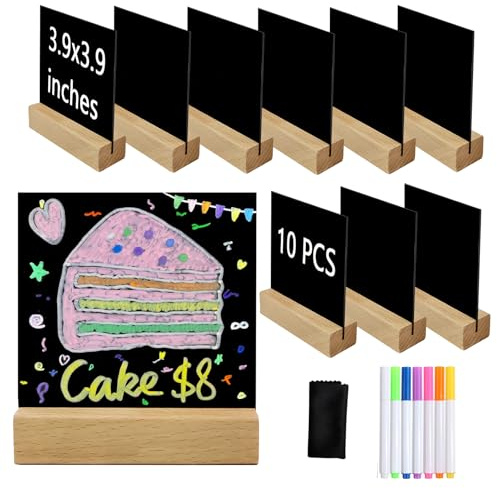 10 Stück Mini Acryl Kreidetafeln mit Holzständer, 10x10 cm Tischaufsteller, Wiederverwendbare Tafelschilder für Buffet, Hochzeit, Menü, Reserviert, Café, Preisschilder (Natürlich)