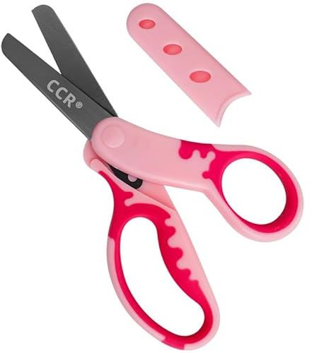 CCR Tijeras para niños, tijeras de seguridad con mango suave, 13,5 cm, revestimiento negro, funda incluida, ideal para casa, escuela, arte infantil y manualidades, color rosa