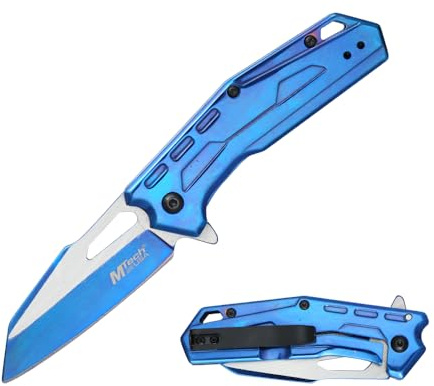 MTECH USA Folding Pocket Knife, 6.85 Inch Overall Length, Two-Tone Drop Point Blade, Blue Aluminum Handle