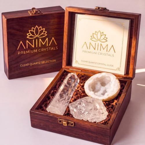 Anima® Bergkristall-Set für Klarheit, Fokus und Intention | Elegante Holz-Geschenkbox mit Bergkristall-Turm, Rohkristall und weißer Achat-Geode sowie ausführlichem Ratgeber
