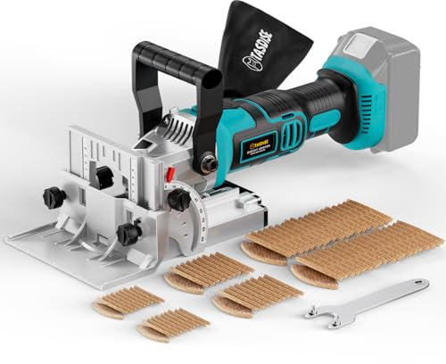 TASDISE Fraiseuse à lamelles Compatible Avec Batterie Makita 18V, 11000 Tr/Min, Réglage de Profondeur 6 Niveaux, Coupe 0-90°, Lamelleuse Avec Sac à Poussière Pour le Travail du Bois (Sans Batterie)