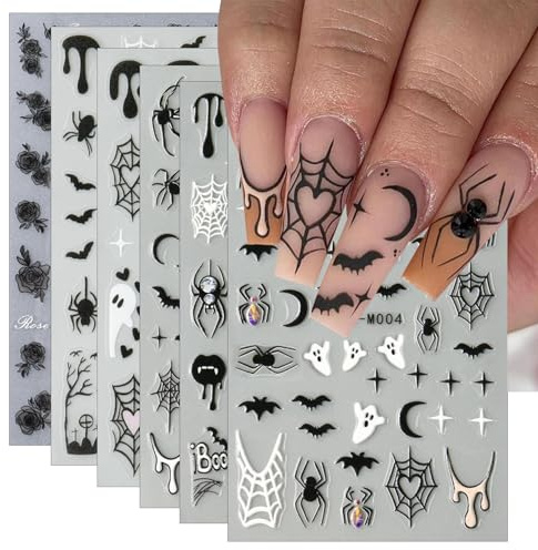 Muorruo 6 Stück Halloween-Nagelaufkleber für Nagelkunst, Fledermausspinnen, Nagelkunstaufkleber, Geisternägel, Design-Aufkleber, Nagelzubehör für Frauen, DIY-Maniküre-Dekorationszubehör