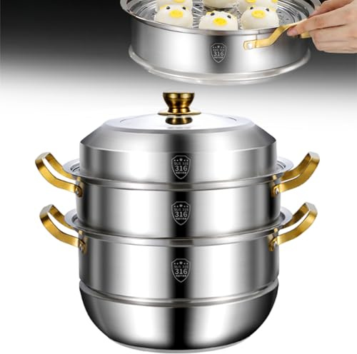 Pentola a vapore in acciaio inox a 3 strati con fogli di cottura a vapore, clip, compatibile con fornelli a gas, a induzione, elettrici