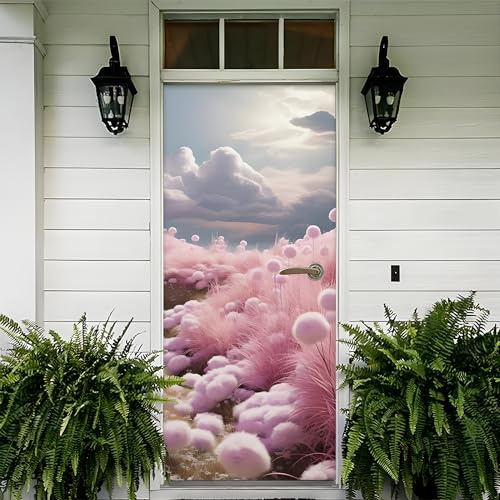 Türtapete Selbstklebend 77x200 Fenster Türfolie Türposter Traumhafte Pflanze Schön Rosa Weiße Wolken Türklebefolie Wandbild Türaufkleber Wandtapete 3D Effekt für Wohnzimmer Schlafzimmer Küche