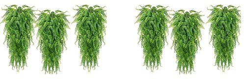 Buhdjfnke Lot de 6 fougères artificielles suspendues - Vine - Faux lierre Boston Fougère - Plante suspendue - Pour l'extérieur - En plastique résistant aux UV - Vert