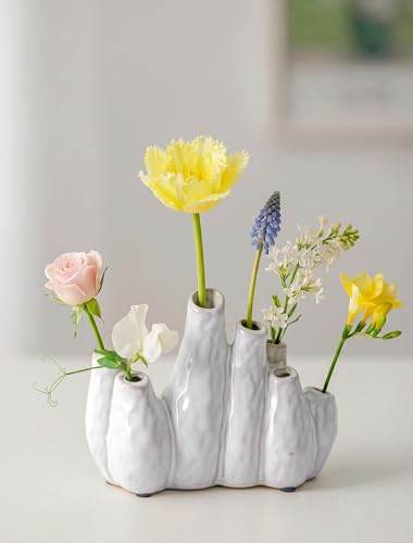 NUPTIO Kleine Keramik Blumen Vase: mit Mehreren Öffnungen | Geteilte Öffnungen, Einteiliges Design, für Blumen, Wohnzimmer, Schlafzimmer, KüchenFensterbank, Tischregal, Couchtisch