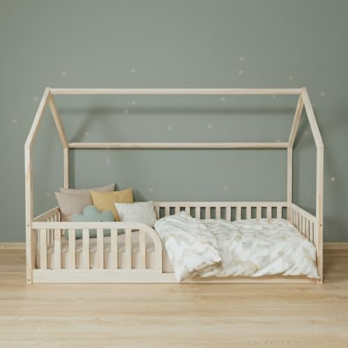 Mandrele Milava Montessori Bett 140x200 cm, Hausbett mit Lattenrost, Bodenbett, Kinderbett aus Kiefernholz mit 40 cm Rausfallschutz, Einstieg Links oder rechts montierbar, Natur