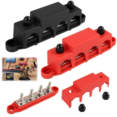2 pezzi 12 V-48 V Barra di distribuzione di alimentazione, 250 A Morsettiera elettrica con 4 x M10 Bulloni del terminale, blocco di distribuzione DC, barra di collettore M8 con coperchio (rosso e nero