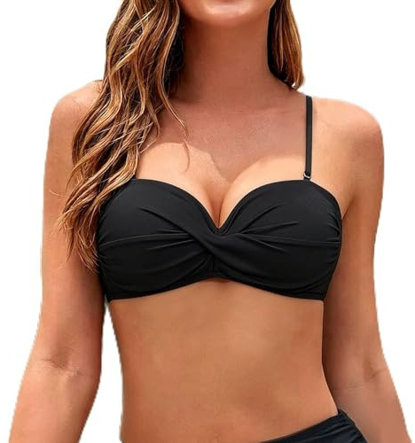 Haut de Maillot de Bain Femme Bandeau Push-Up Sexy Bikini Bandeau Bretelles Amovibles et sans Bretelles Col en V Croisée Hauts de Bikinis pour Femme Haut de Bikini Noir avec Rembourrage Amovible