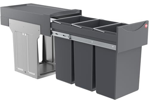 Hailo Abfallsammler Terzett 3666131 Einbau-Mülltrenner mit 3 Fächern - Küchen-Mülleimer für den Einbau im Schrank - 3x 10 L - Abfalleimer mit Vollauszug für Drehtüren Schränke ab 30 cm - Dunkelgrau