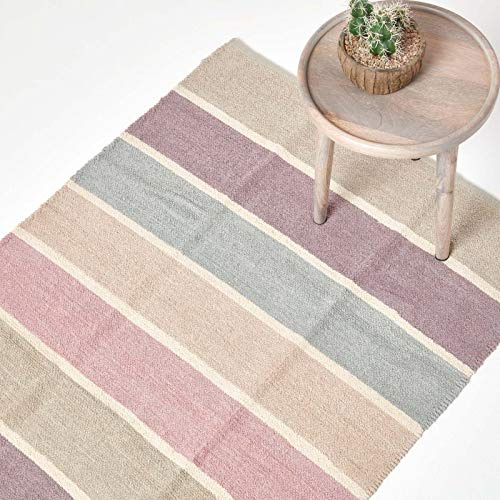 Homescapes waschbarer Chenille Teppich/Bettvorleger 90 x 150 cm, handgewebt aus 100% Baumwolle, blau, beige, lila und grau gestreift