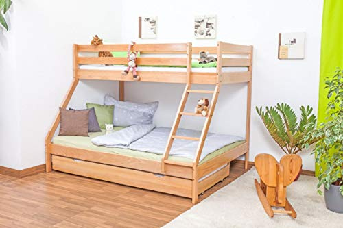 Etagenbett/Spielbett Lukas Light Buche massiv Natur mit schräger Leiter, inkl. Rollrost