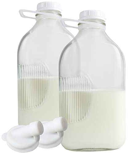 The Dairy Shoppe Heavy Glass Milk Bottles - Jugs with Lids and Silicone Pour Spouts - Clear Milk Containers for Fridge - Reusable Glass Milk Jug Dispenser - Made in USA (64 oz, 2 Pack)
