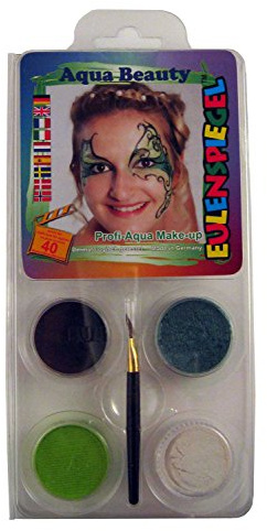 Eulenspiegel 204054 - Schmink-Set Aqua Beauty, für ca. 40 Masken, Schminkfarben, Karneval, Mottoparty | Mit 3 Schminkfarben, 1 Puder, Pinsel & Anleitung, für ca. 40 Masken, für Karneval & Mottopartys