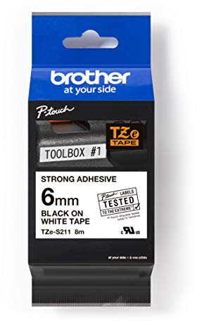 Brother TZe-S211 Labelling Tape Cassette, Black on White, 6mm (W) x 8M (L), Strong Adhesive, Brother Genuine Supplies