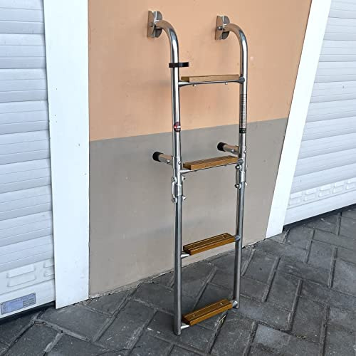 Saarwebstore Badeleiter Edelstahl mit Teak Stufen klappbar Heckmontage Bootsleiter Boot Größe