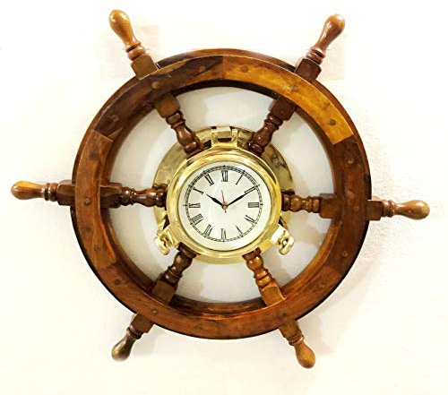 Vintage Marine 24 Wooden Ship Wheel Porthole Vintage Clock Nautical Wall Clock Home Decor
