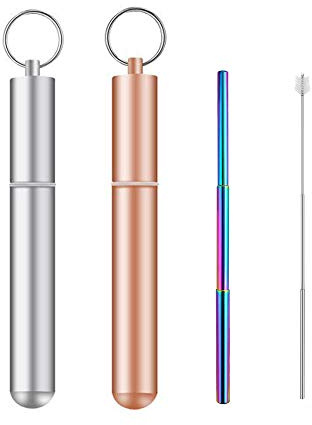Faltbare wiederverwendbare Metall-Trinkhalme, Teleskop-Strohhalm mit Aluminiumgehäuse, Reinigungsbürsten (mit mehrfarbigen Trinkhalmen)