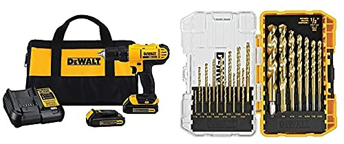 DEWALT 20V Max Cordless Drill/Driver Kit (DCD771C2) and 21-Piece Titanium Nitride Drill Bit Set