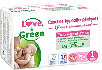 Love and Green ® 44 pannolini ipoallergenici ecologici taglia 1 (Nascimento - 2-5 kg)