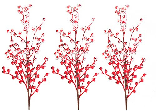 JFBUCF Künstliche rote Beerenstiele, 70 cm lang, Weihnachts-Stechpalmen-Zweige, schneegefrostete rote Beeren, für Blumenarrangements, Basteln, Urlaubsdekoration, 3 Stück