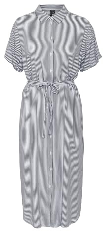 VERO MODA Damen Leichtes Kurzarm Kleid Midi Blusen Dress Locker mit Gürtel und Hemdkragen VMBUMPY, Farben:Weiß,Größe Damen:M