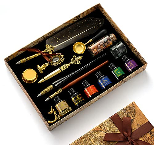 JasCherry Stylo Dip à stylo calligraphie Set, Plume kit Calligraphie et Encre avec Sceau de Cire, 6 Encre et 18 Pointes de Rechang, Coffret Cadeau pour Signatures, Dessin, Ecriture, Décoration