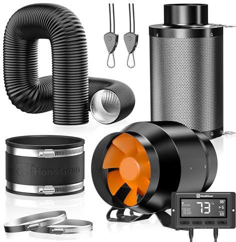 Hon&Guan Abluftset 100mm Rohrventilator mit Temperatur-Feuchtigkeitsregler | Aktivkohlefilter Grow, Gummikupplung, Rohr Schlauchschellen Set, für Growzelt Hydroponik Lüftung Growbox