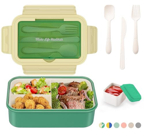 LUZOON Lunchbox Bento Box Brotdose Erwachsene 1400ml mit 3 FäChern für Kinder inkl. Besteck Jausenbox für Mikrowellen Und SpüLmaschinen, Schule Arbeit Picknick Reisen (Grün①, 1400ml)