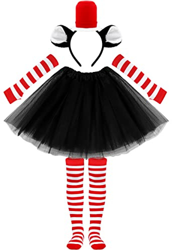 SOMSOC Girls Tulle Tutu Skirt Costume Set Tutu Skirt Cat Ear Headband with Stovepipe Hat High Stocking Striped Tights Long Sleeve Fingerless Gloves for 100th Day of School Child Cosplay