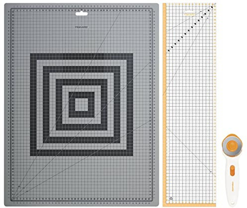 Fiskars Näh-Starterset, Rollschneider mit Ø 45 mm, Selbstheilende A2-Schneidematte (45 x 60 cm / 18 x 24), Patchwork-Lineal (15 x 60 cm), 3-teilig, 1066046