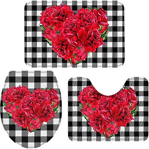 Set 3 Teilig Badvorleger Romantische Rosen Auf Gittern Wasserabsorbierend Bade-Matte+Kontur+Wc-Deckelabdeckung Dekorative Badezimmer Matte Für Badewanne Wc-Sitz Bezug Dusche