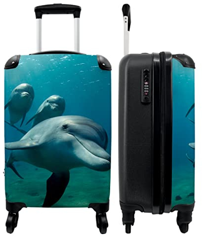 NoBoringSuitcases© Koffer Kinder Reisetasche mit Rollen Cabin Bag | 55x35x20 cm - Handgepäck Geschenke - Dolphin - Wasser - Blau - Tier