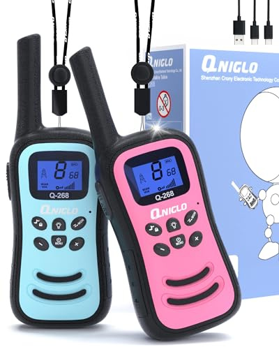 QNIGLO Walkie Talkie Niños Recargable, Largo Alcance 8 Canales Radio de 2 vías Walky Talky,Buen Ayudante de Camping en Bicicleta Senderismo,Regalo de Moda para Niños Chicos(RosaAzul)
