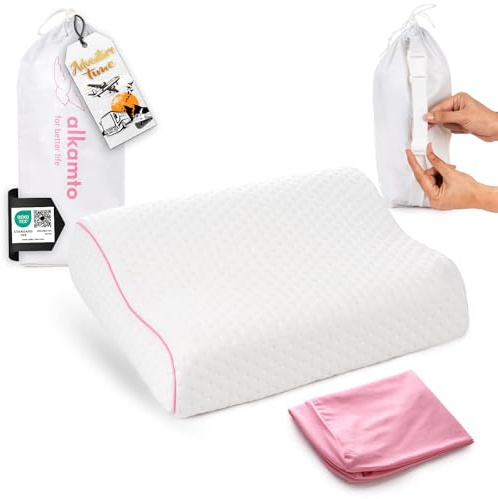 alkamto Cuscino da Viaggio Cuscino da Campeggio – Memory Foam con Federa in Cotone Extra – Borsa Inclusa (35 x 30 x 10/8 cm Rosa)