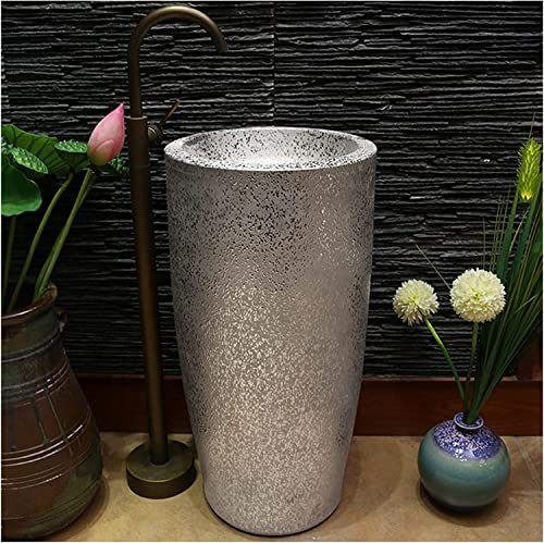 Vanity Unit with Basin,Bathroom Basin Sink with Full Pedestal, Pedestal Sink Handcrafted Ceramic wash Basin Pedestal washbasin Kaolin Clay Round Freestanding Sink with Drain & Fauc