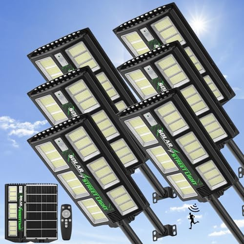 Viugreum 6 Stück 1200W LED Solar Straßenlaterne mit Fernbedienung, 6500K Straßenlampe mit Bewegungsmelder Sensor Dämmerung bis zum Morgengrauen Straßenleuchte IP65 Wasserdicht Solar Wegeleuchte